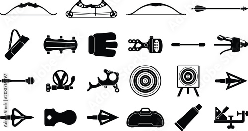 Schilderij op canvas Archery equipment and bow hunting gear black icon vector set with recurve bow, c