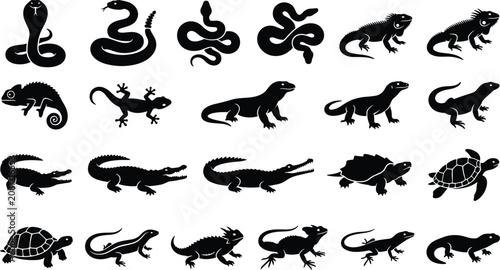 Bild auf Leinwand Reptiles silhouette vector set with snakes, lizards, crocodiles, alligators, tur