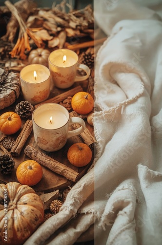 Candles and Pumpkins Arranged on a Table With Decorative Items for Autumn Season