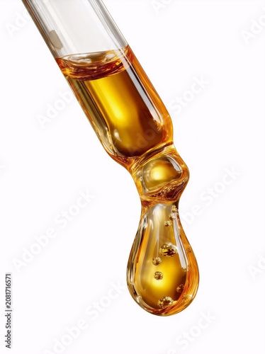 Macro close up of a glass pipette dropper releasing a golden liquid oil drop with bubbles isolated on a pure white background, ideal for cosmetic serum, luxury skincare, essential oil, or beauty produ
