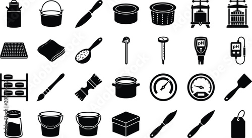 Foto Cheesemaking equipment and tools black icon vector set with cheese press, molds,