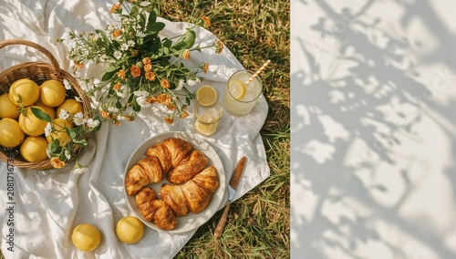 Picnic Scene With Food and Drink on a White Blanket in a Grassy Area During a...