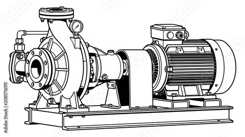 Industrial water pump with electric motor and pressure gauge illustration