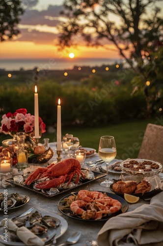 Dinner Table With Seafood and Drinks During Sunset in Garden Setting