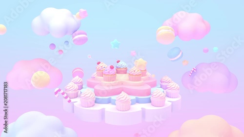Cute floating stage with cupcakes, surrounded by macarons, candy canes, stars, and clouds in the sky animation. (loop)