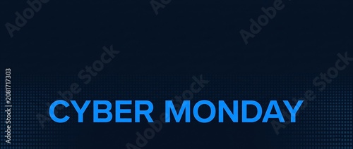 Cyber Monday text on dark blue digital background. Online shopping event and retail promotion concept. E-commerce marketing banner for seasonal technology sale and discount campaign.