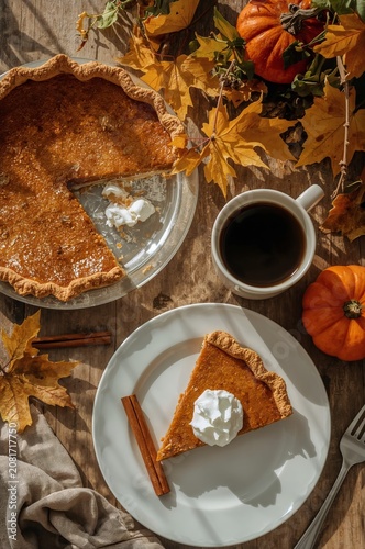 Fall Dessert With Pumpkin Pie, Coffee, and Autumn Leaves on a Wooden Table