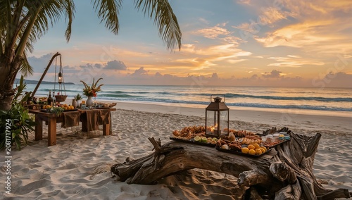 Enjoying Food and Drinks on the Beach at Sunset With a View of the Ocean and ...