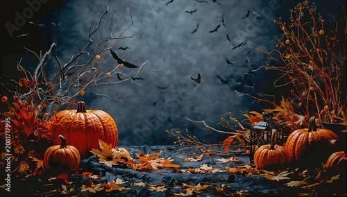 Halloween Decorations Set in an Indoor Space With Pumpkins, Bats, and Autumn ...