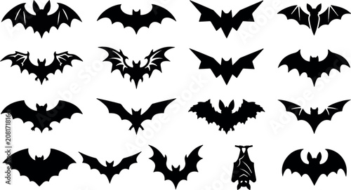 Collection of black silhouette bat shapes for halloween designs and gothic art