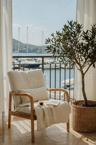 Sunlight Shines on a Chair by the Window With a View of a Harbor and Boats in...