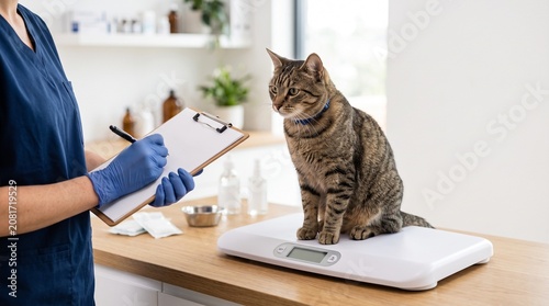 Veterinarian carefully records important data during a routine cat healthcare check-up, ensuring the feline friend's wellness and monitoring its weight