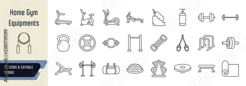 Home gym equipments line icons collection, 25 editable stroke symbols depicting cardio equipments, free weights, bodyweight and resistance, benches and racks, balance and flexibility 