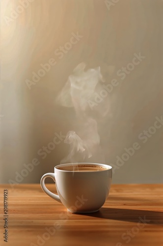 Coffee Cup Sits on Wooden Table With Steam Rising in Warm Light