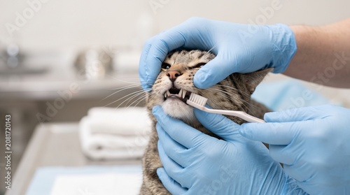 Professional veterinarian performing cat healthcare by brushing the teeth of a tabby cat during a routine dental cleaning checkup in the clinic