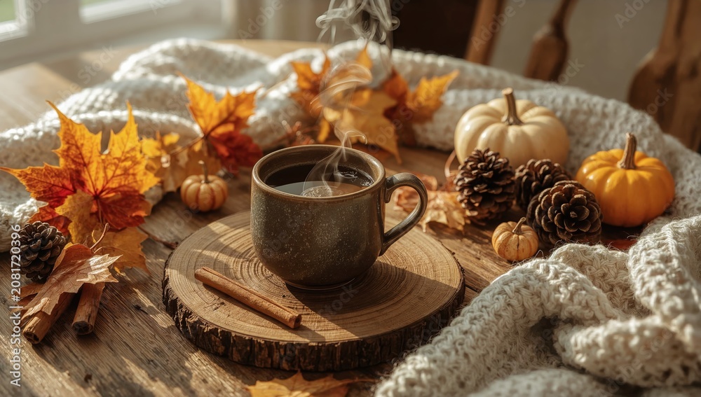 Fototapeta premium Warm Drink on a Wooden Table With Autumn Decorations and Cozy Blanket