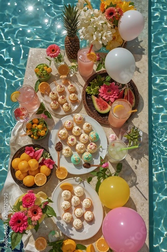 Colorful Poolside Party Spread With Desserts, Fruits, and Drinks at a Sunny O...