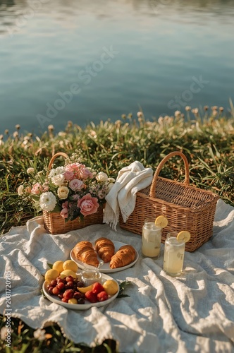 Enjoying a Picnic by the Water With Food, Drinks, and Flowers During a Sunny Day