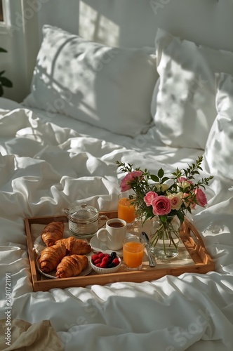 Breakfast Tray Sits on Bed With Flowers and Pastries Early in the Morning