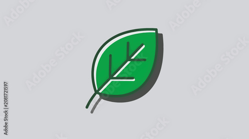 Flat Vector Illustration of a Single Green Leaf with White Veins and a Subtle Dark Shadow Effect on a Light Gray Background, Simple Icon Design