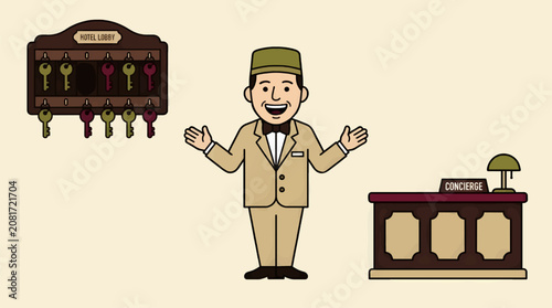Flat Vector Illustration of a Smiling Hotel Concierge in Uniform Standing by a Key Holder and Concierge Desk, Vintage Hotel Lobby Scene with Copy Space