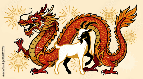 Flat Vector Illustration of a Red Chinese Dragon Intertwined with a White and Black Goat, Surrounded by Golden Sunbursts on a Cream Background, Traditional Asian Art Style