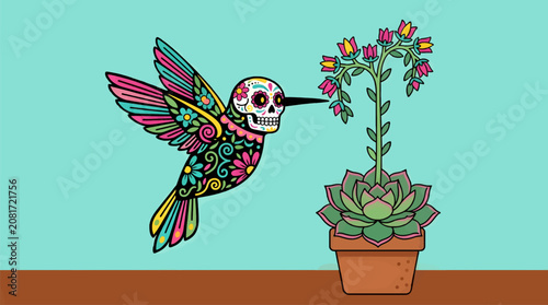 Flat Vector Illustration of a Sugar Skull Hummingbird Hovering Near a Potted Succulent Plant, Vibrant Colors, Day of the Dead Themed Graphic