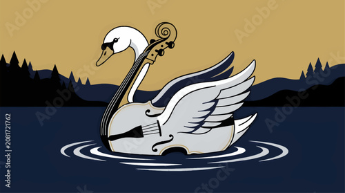 Flat Vector Illustration of a Swan's Neck Forming a Cello Scroll, Body as Cello, Gliding on Water with Ripples, Dark Forest Silhouette Background, Golden Sky, Conceptual Art