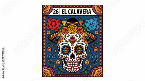 Flat Vector Illustration of a Traditional Mexican Sugar Skull with Flowers and Sombrero, Decorated with Papel Picado and Floral Border, Day of the Dead Celebration