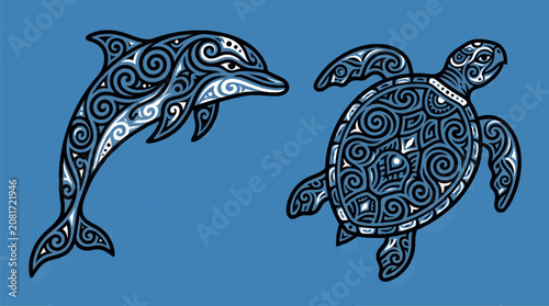 Flat Vector Illustration of a Tribal Dolphin and Sea Turtle in Blue and White Swirl Patterns on Solid Blue Background, Minimalist Marine Life Graphic