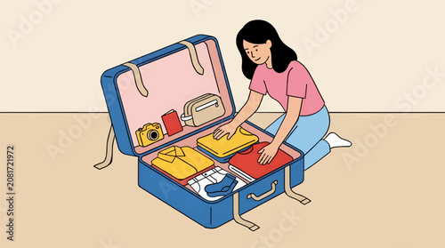 Flat Vector Illustration of a Woman Packing a Blue Suitcase with Clothes, Camera, and Passport for Travel, Preparing for Vacation