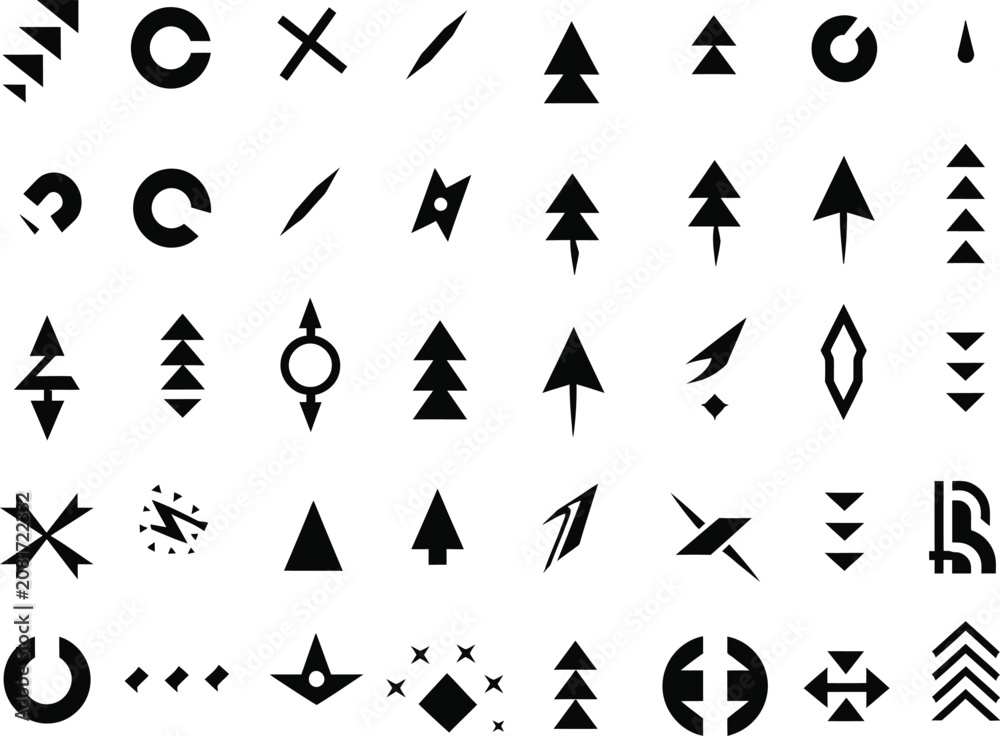 Fototapeta premium Black geometric shapes and symbols on white background
