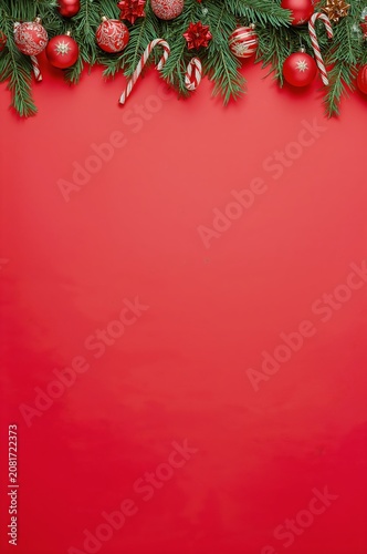 Decorations With Red Ornaments and Green Branches Hang on a Bright Red Backgr...