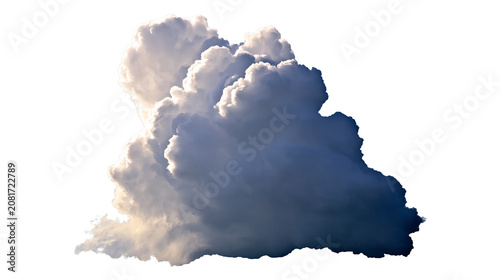 Dramatic dark cumulus cloud formation illuminated by sunlight, isolated on transparent background
