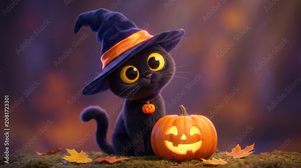 Fototapeta premium Adorable black cat in witch hat with jack o' lantern for halloween