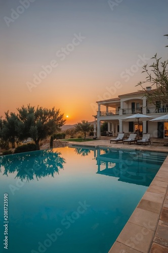 Sunset Views Over a Pool and Villa in an Outdoor Setting