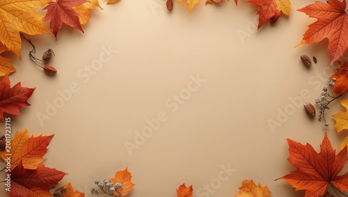 Colorful Leaves Surround a Blank Space on a Beige Background in Autumn