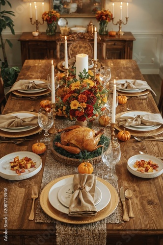Dinner Table Displays a Turkey Surrounded by Flowers, Candles, and Plates for...