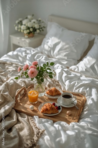 Breakfast Tray With Coffee, Juice, Croissant, and Flowers on Bed in a Cozy Ro...