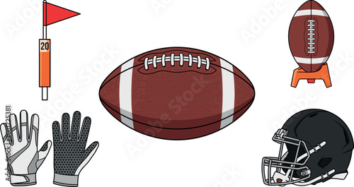 Tableau sur toile Professional american football game icon collection with brown oval leather ball