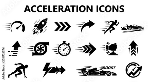 Bild auf Leinwand A collection of black and white vector icons representing acceleration, speed, motion, and rapid movement concepts