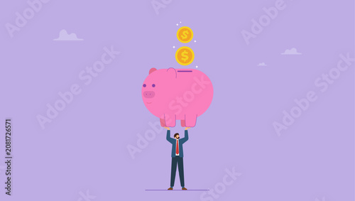 Fotografie Money dollar coins drop into hand holding piggy bank