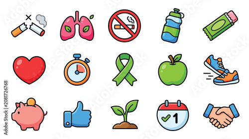 Tableau sur toile Collection of icons representing healthy lifestyle choices, including quitting smoking, exercise, and healthy eating