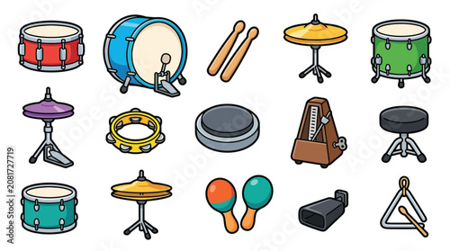 Canvas Print Collection of cartoon musical instruments including drums, cymbals, and percussion