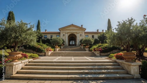 Elegant Mansion With a Grand Entrance and Lush Gardens in Bright Daylight