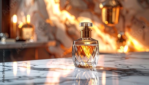 Elegant perfume bottle with ornate gilded background