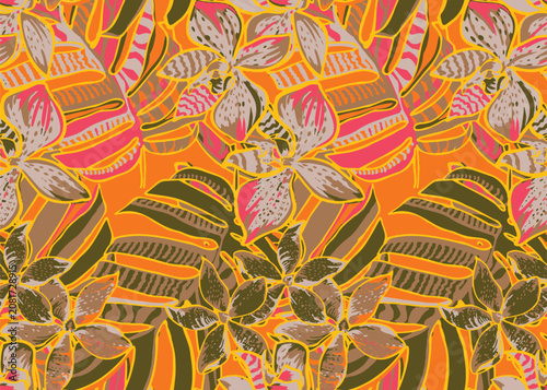 Printa pattern with colorful flowers and leaves.Hand-Drawn Tropical Floral Orange and Pink Background