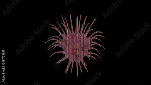 Datamosh glitch: A spiked sphere with vertical scanlines and pixelation. Strong pixelation and vertical glitch lines on the 3D virus.