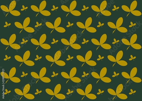 Olive yellow leaf silhouettes seamless pattern on dark green background, autumn botanical nature repeat illustration.
