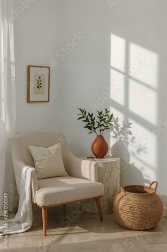 Cozy Corner With a Chair, Vase, and Basket in a Bright Room During the Day